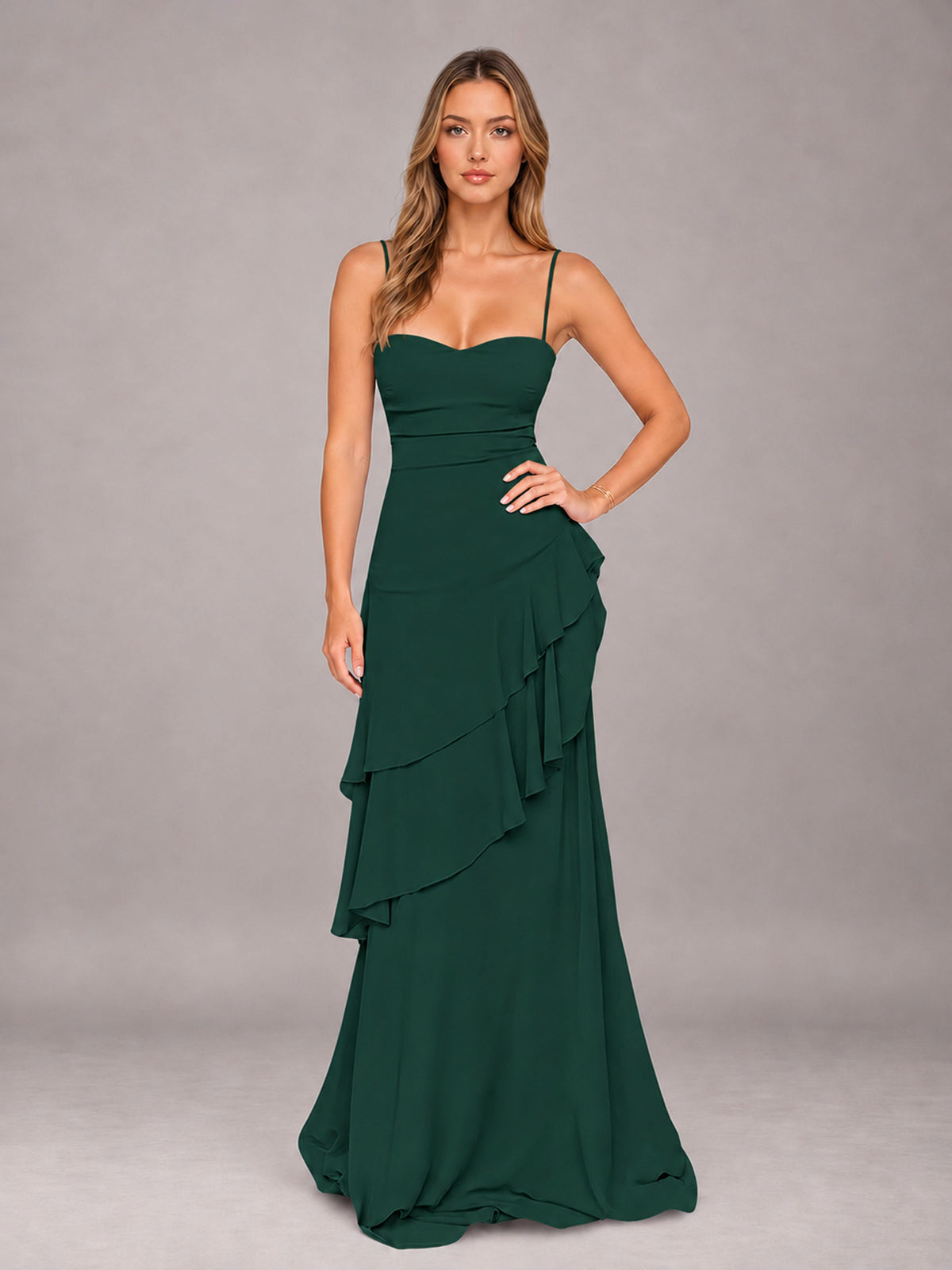Emerald Green A-Line Spaghetti Strap Chiffon Floor Length Bridesmaid Dress