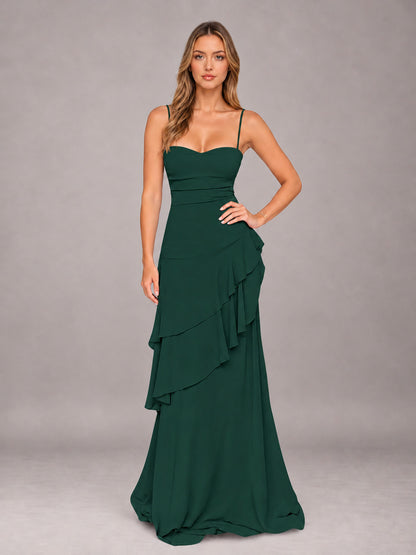 Emerald Green A-Line Spaghetti Strap Chiffon Floor Length Bridesmaid Dress