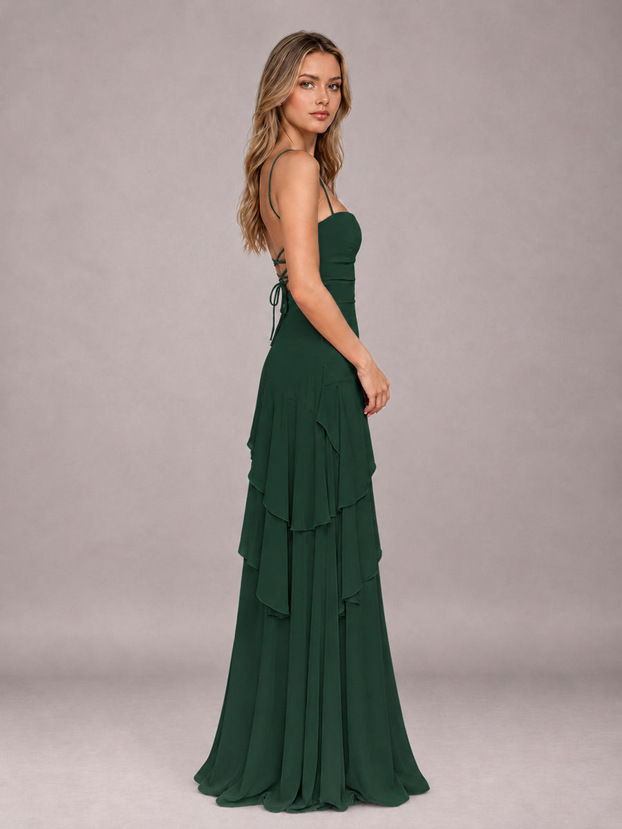 Emerald Green A-Line Spaghetti Strap Chiffon Floor Length Bridesmaid Dress