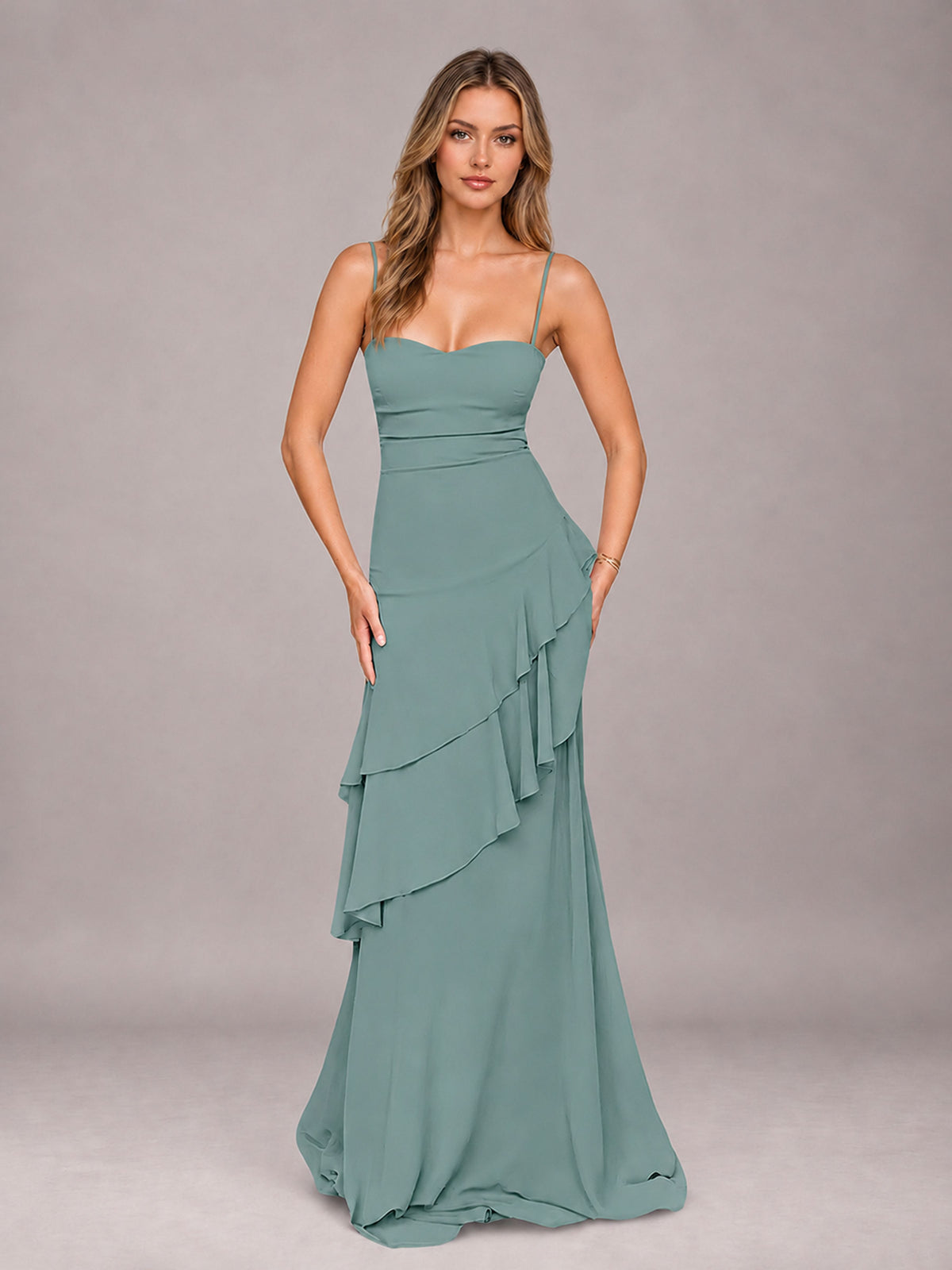 Eucalyptus A-Line Spaghetti Strap Chiffon Floor Length Bridesmaid Dress