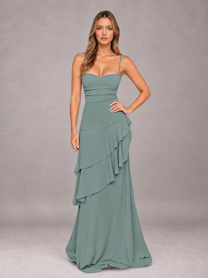 Eucalyptus A-Line Spaghetti Strap Chiffon Floor Length Bridesmaid Dress