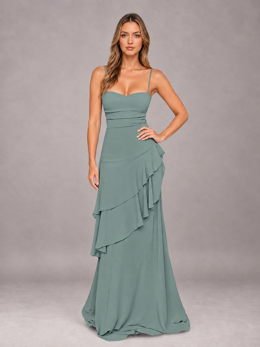 Eucalyptus A-Line Spaghetti Strap Chiffon Floor Length Bridesmaid Dress