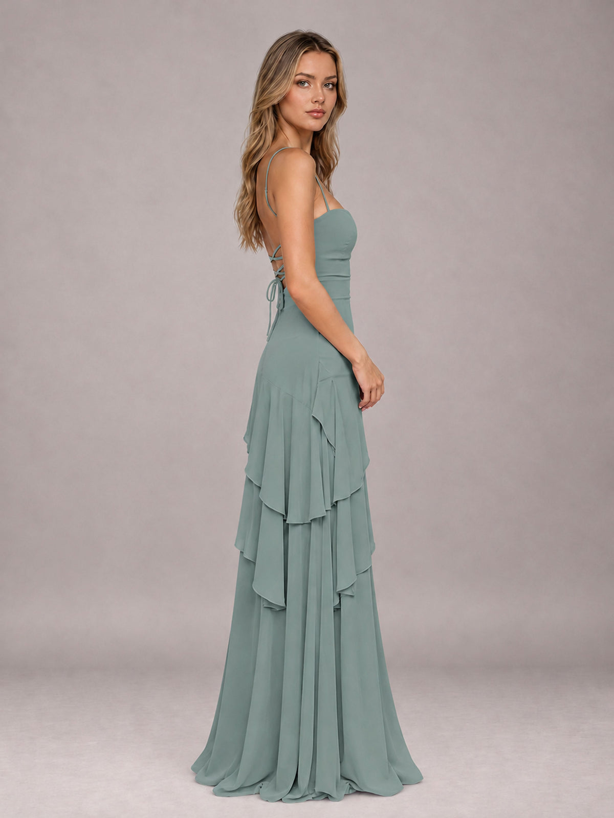 Eucalyptus A-Line Spaghetti Strap Chiffon Floor Length Bridesmaid Dress