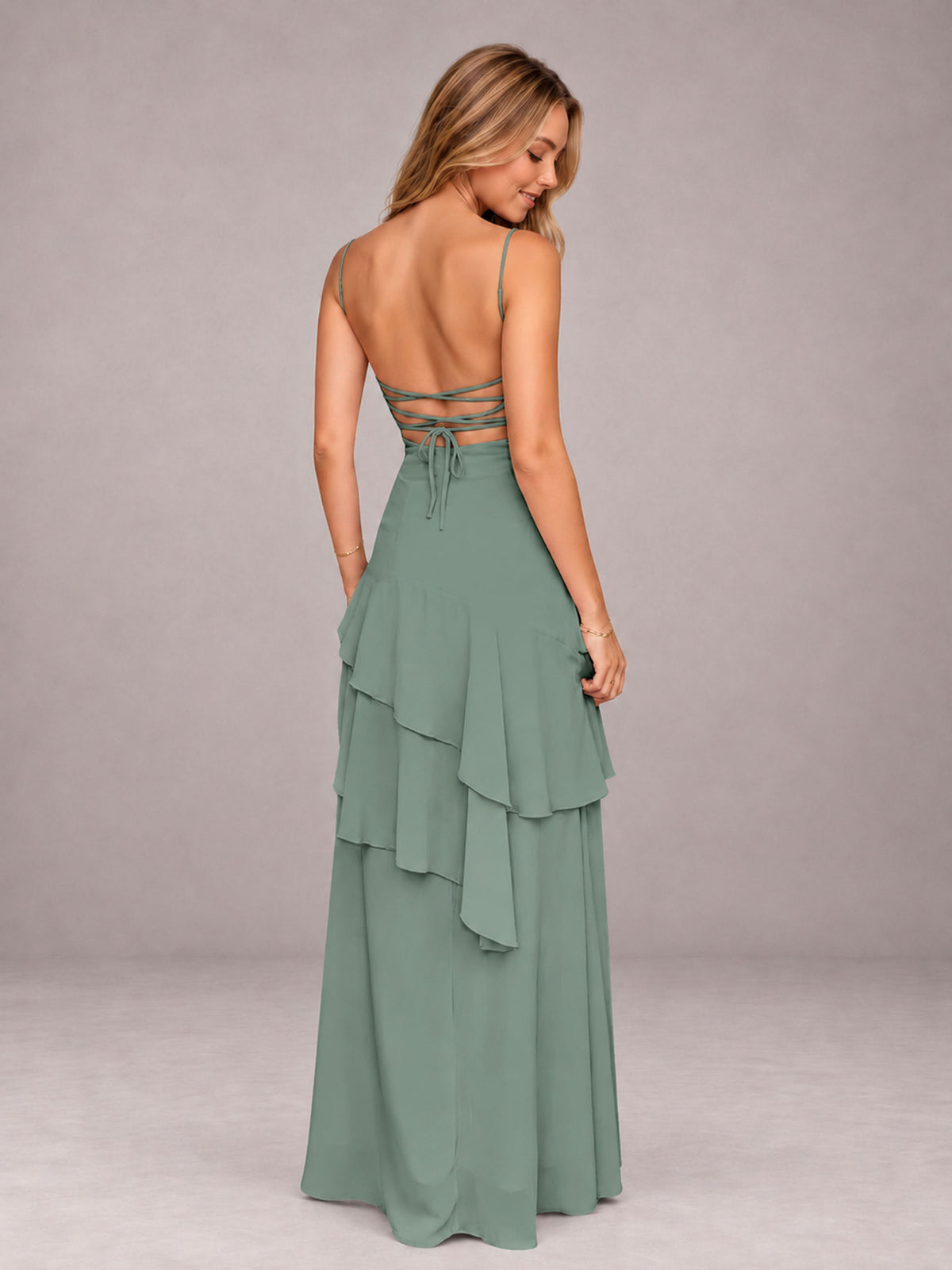 Eucalyptus A-Line Spaghetti Strap Chiffon Floor Length Bridesmaid Dress
