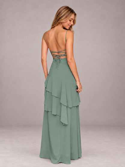 Eucalyptus A-Line Spaghetti Strap Chiffon Floor Length Bridesmaid Dress