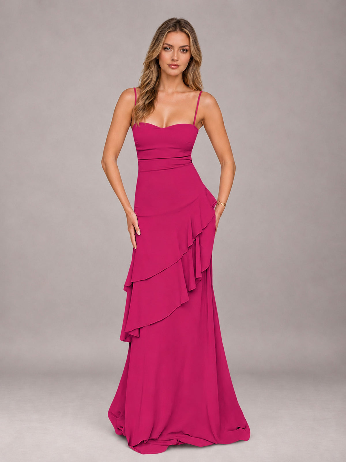 Fuchsia A-Line Spaghetti Strap Chiffon Floor Length Bridesmaid Dress