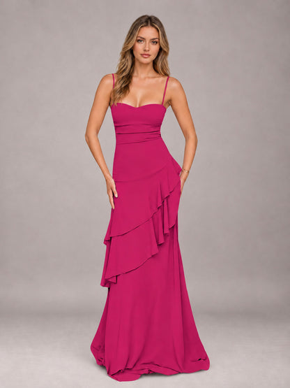 Fuchsia A-Line Spaghetti Strap Chiffon Floor Length Bridesmaid Dress