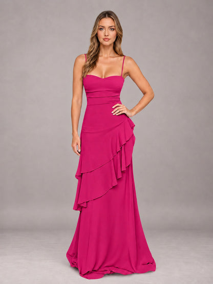 Fuchsia A-Line Spaghetti Strap Chiffon Floor Length Bridesmaid Dress