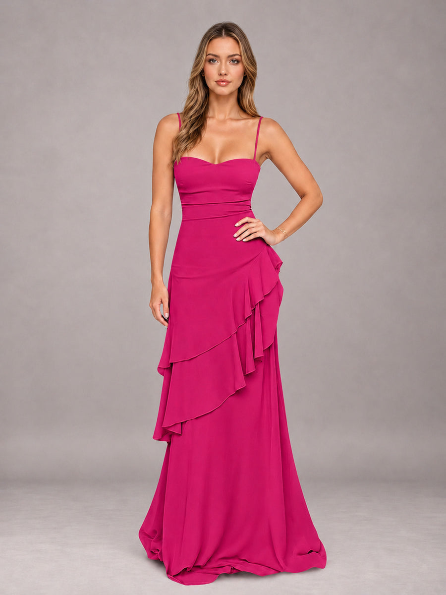 Fuchsia A-Line Spaghetti Strap Chiffon Floor Length Bridesmaid Dress