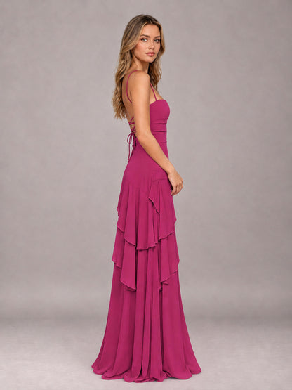 Fuchsia A-Line Spaghetti Strap Chiffon Floor Length Bridesmaid Dress