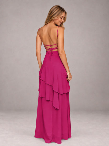 Fuchsia A-Line Spaghetti Strap Chiffon Floor Length Bridesmaid Dress
