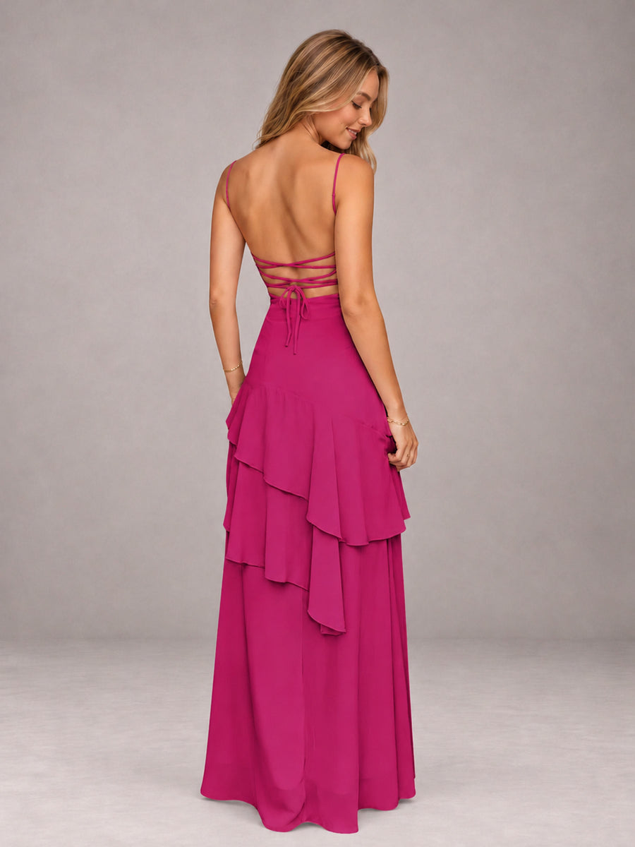 Fuchsia A-Line Spaghetti Strap Chiffon Floor Length Bridesmaid Dress