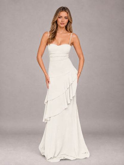 Ivory A-Line Spaghetti Strap Chiffon Floor Length Bridesmaid Dress