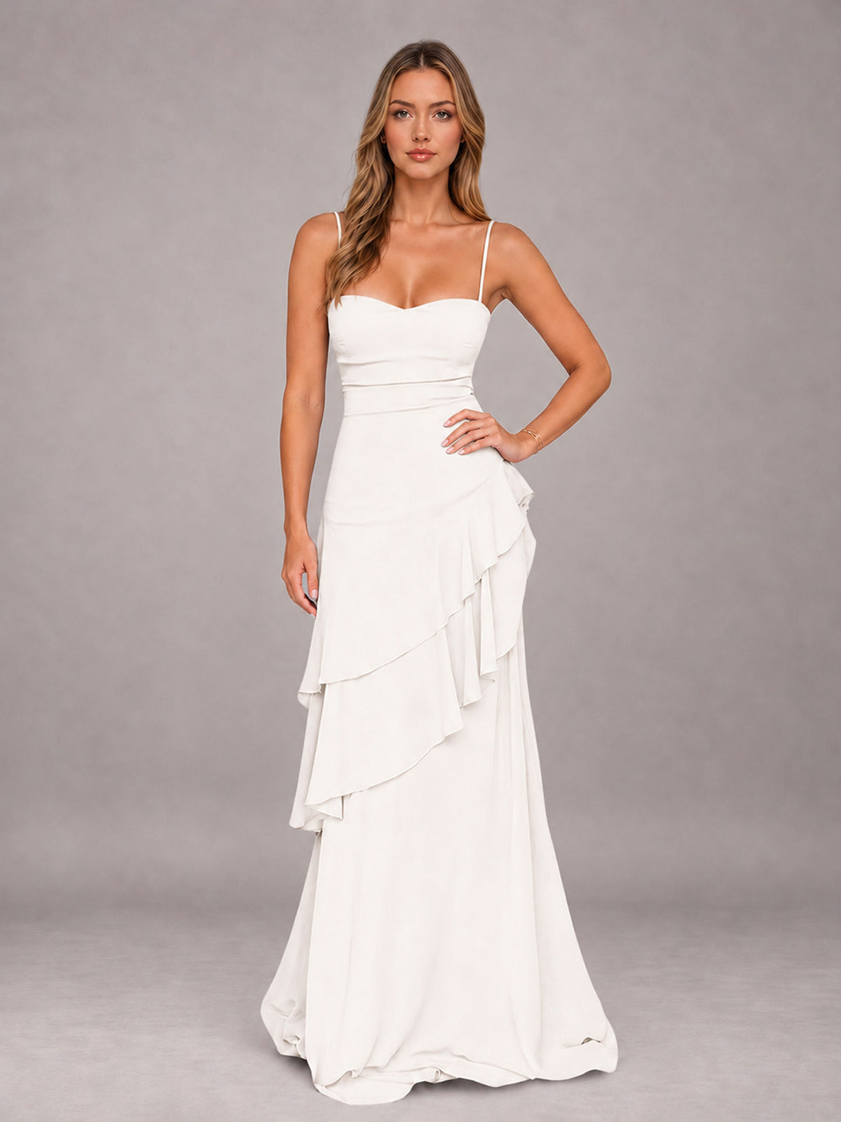 Ivory A-Line Spaghetti Strap Chiffon Floor Length Bridesmaid Dress