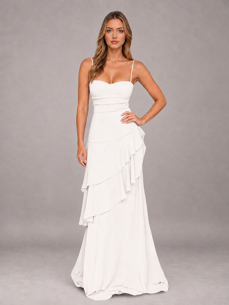 Ivory A-Line Spaghetti Strap Chiffon Floor Length Bridesmaid Dress