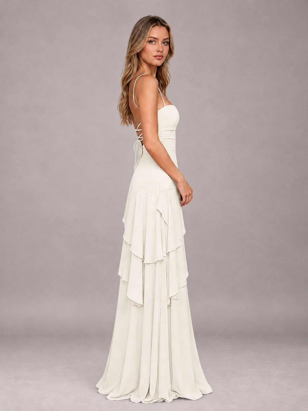 Ivory A-Line Spaghetti Strap Chiffon Floor Length Bridesmaid Dress