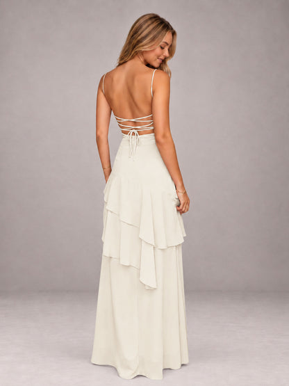 Ivory A-Line Spaghetti Strap Chiffon Floor Length Bridesmaid Dress