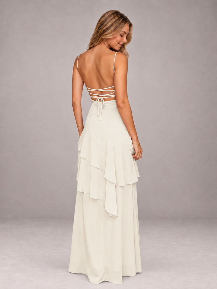 Ivory A-Line Spaghetti Strap Chiffon Floor Length Bridesmaid Dress