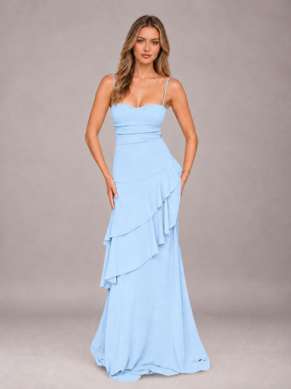 Light Blue A-Line Spaghetti Strap Chiffon Floor Length Bridesmaid Dress