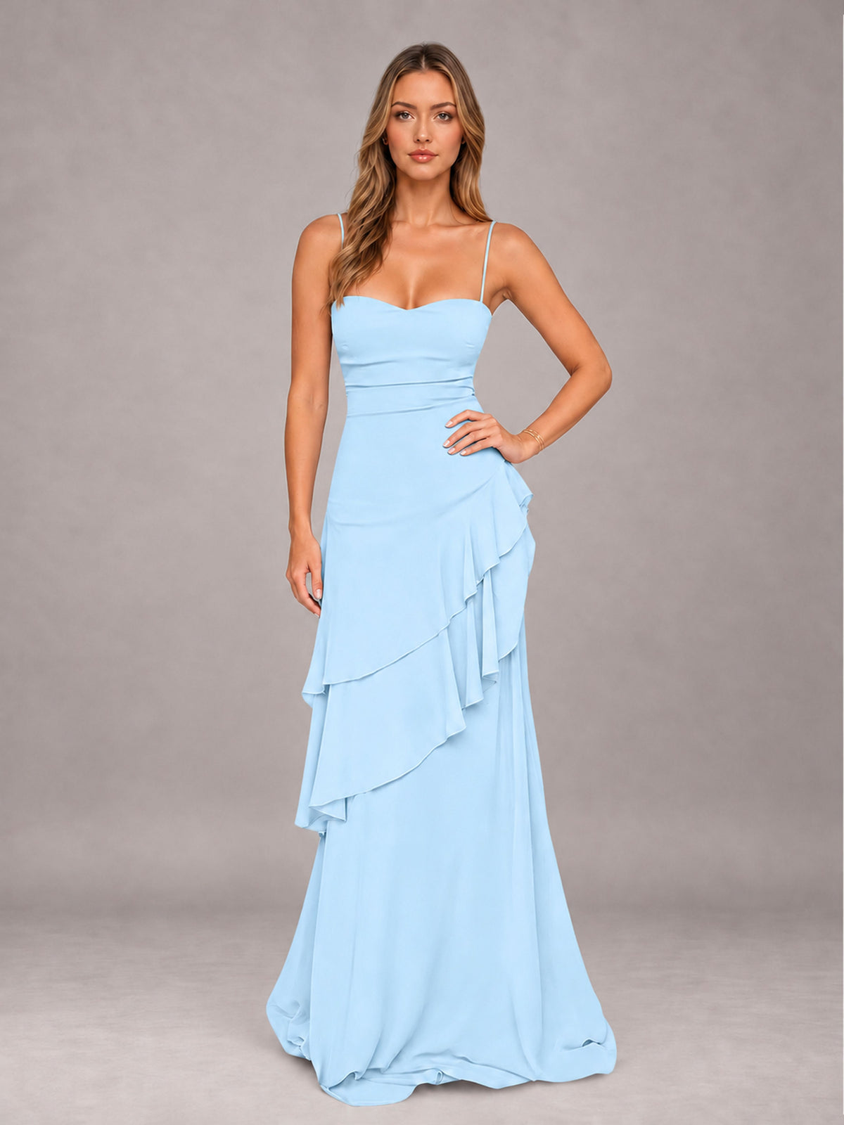 Light Blue A-Line Spaghetti Strap Chiffon Floor Length Bridesmaid Dress