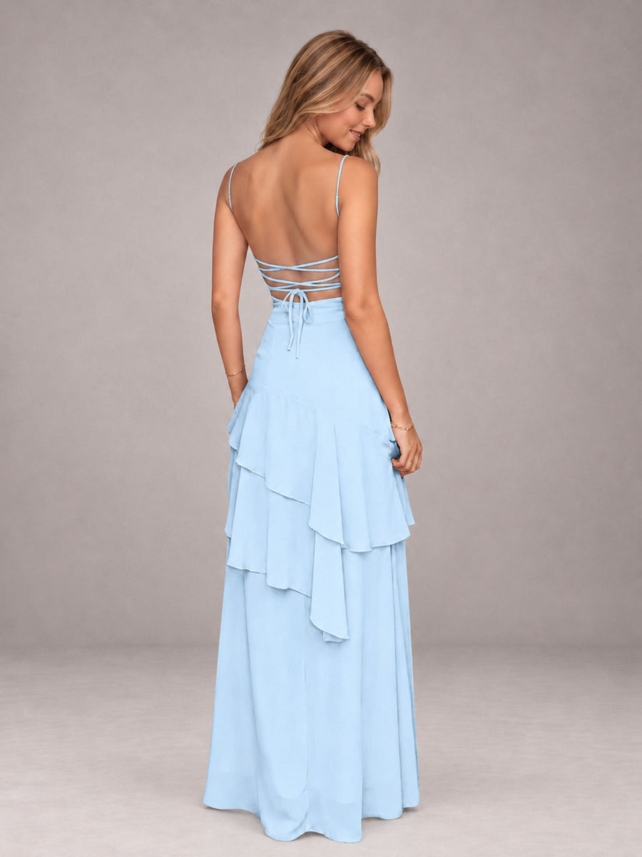 Light Blue A-Line Spaghetti Strap Chiffon Floor Length Bridesmaid Dress