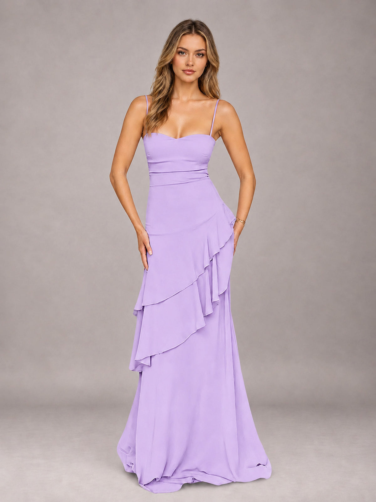 Lilac A-Line Spaghetti Strap Chiffon Floor Length Bridesmaid Dress