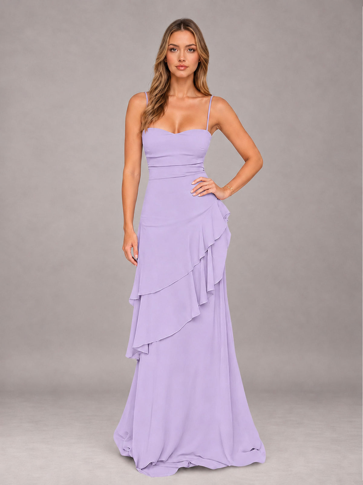 Lilac A-Line Spaghetti Strap Chiffon Floor Length Bridesmaid Dress