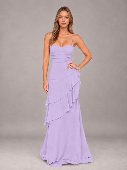 Lilac A-Line Spaghetti Strap Chiffon Floor Length Bridesmaid Dress