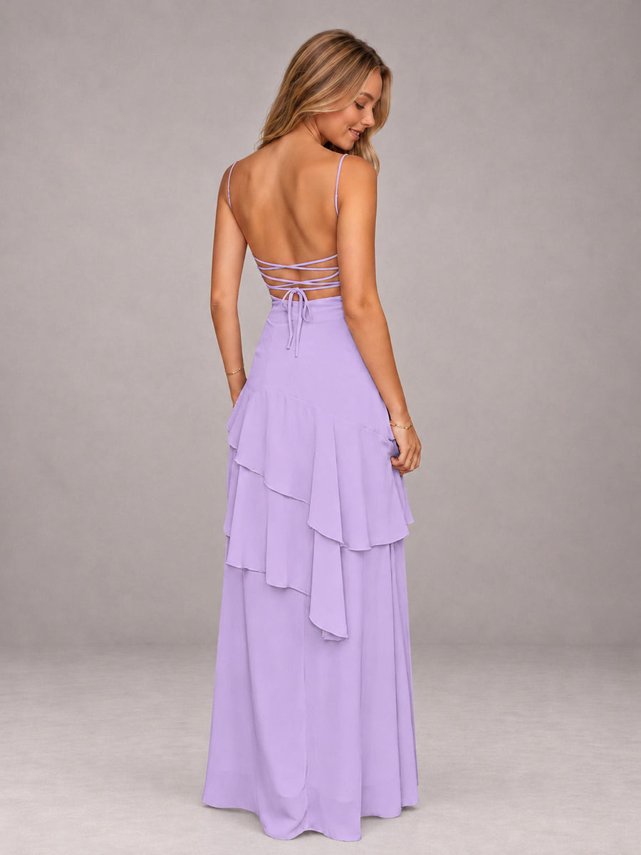 Lilac A-Line Spaghetti Strap Chiffon Floor Length Bridesmaid Dress