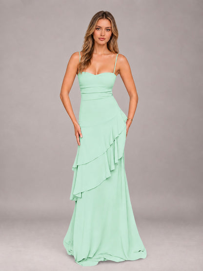 Mint Green A-Line Spaghetti Strap Chiffon Floor Length Bridesmaid Dress