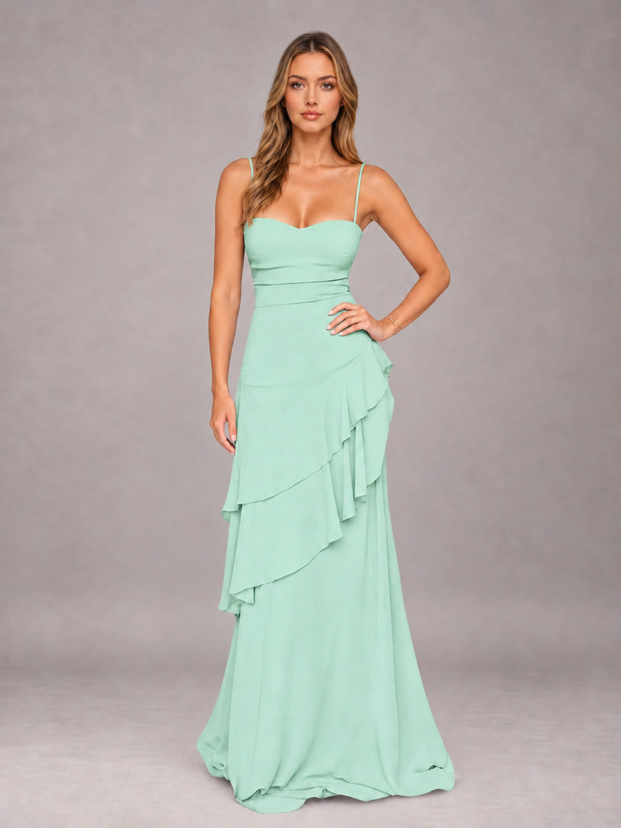 Mint Green A-Line Spaghetti Strap Chiffon Floor Length Bridesmaid Dress