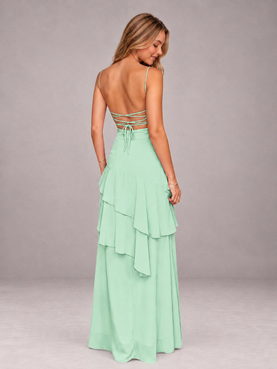 Mint Green A-Line Spaghetti Strap Chiffon Floor Length Bridesmaid Dress
