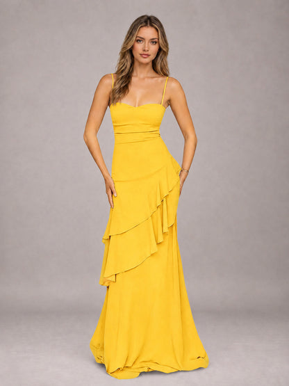 Mustard Yellow A-Line Spaghetti Strap Chiffon Floor Length Bridesmaid Dress