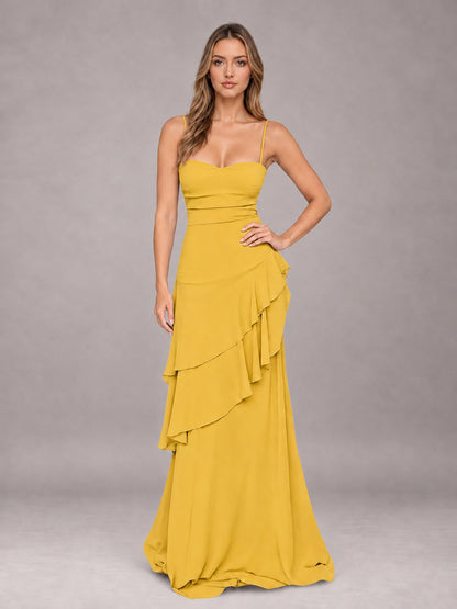 Mustard Yellow A-Line Spaghetti Strap Chiffon Floor Length Bridesmaid Dress