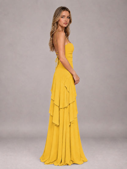 Mustard Yellow A-Line Spaghetti Strap Chiffon Floor Length Bridesmaid Dress