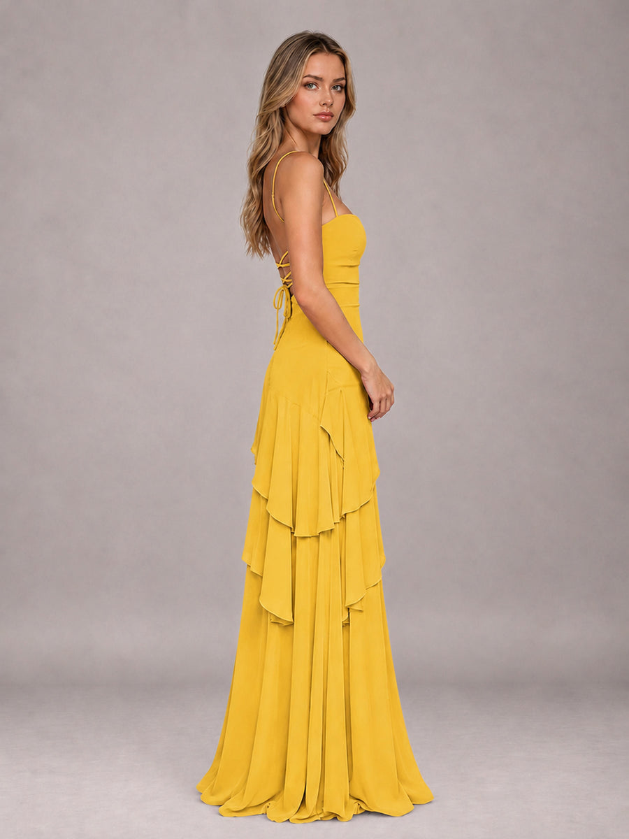 Mustard Yellow A-Line Spaghetti Strap Chiffon Floor Length Bridesmaid Dress