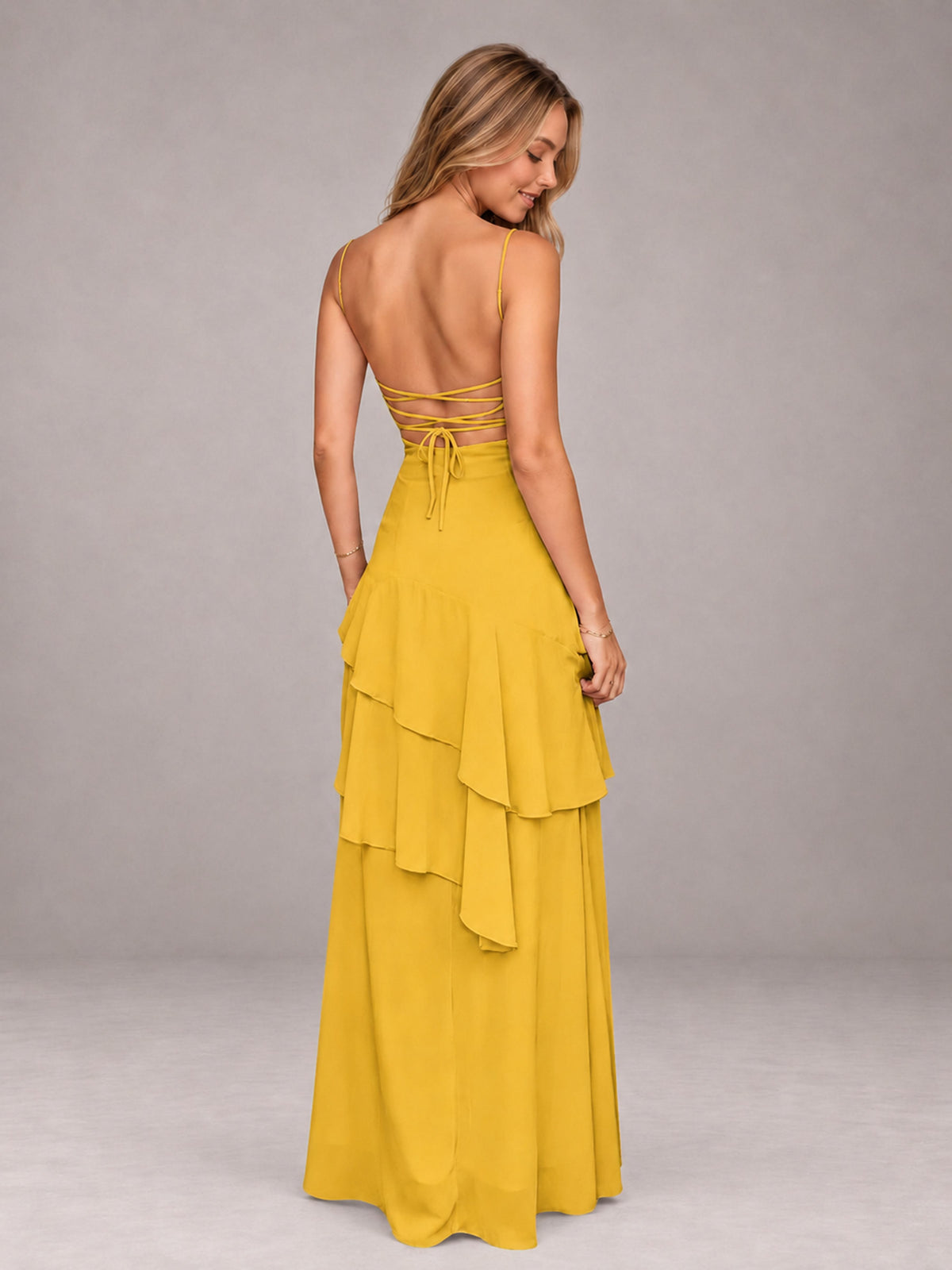 Mustard Yellow A-Line Spaghetti Strap Chiffon Floor Length Bridesmaid Dress