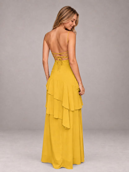 Mustard Yellow A-Line Spaghetti Strap Chiffon Floor Length Bridesmaid Dress