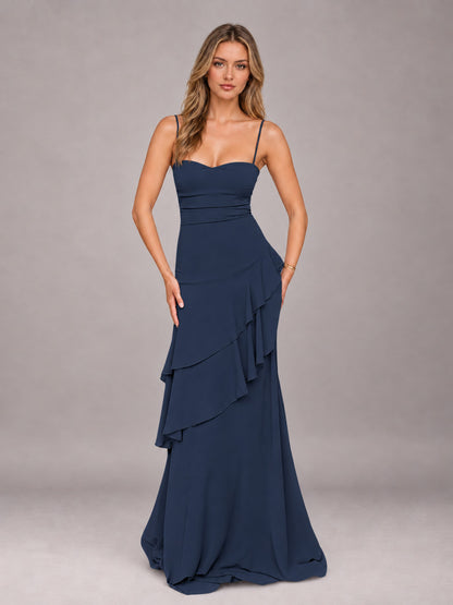 Navy Blue A-Line Spaghetti Strap Chiffon Floor Length Bridesmaid Dress