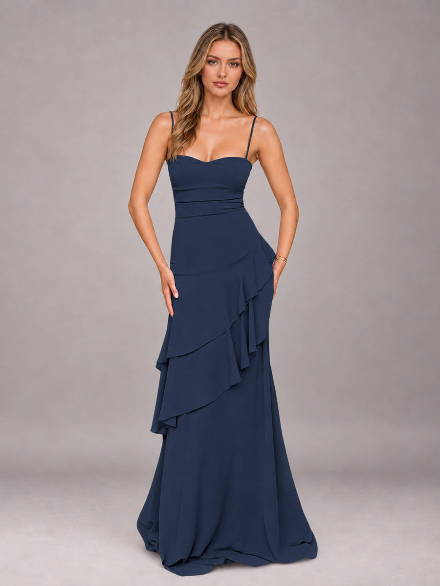 Navy Blue A-Line Spaghetti Strap Chiffon Floor Length Bridesmaid Dress