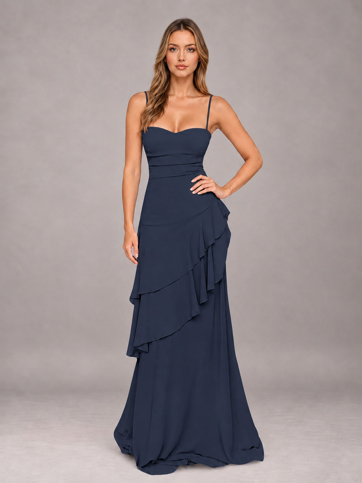 Navy Blue A-Line Spaghetti Strap Chiffon Floor Length Bridesmaid Dress