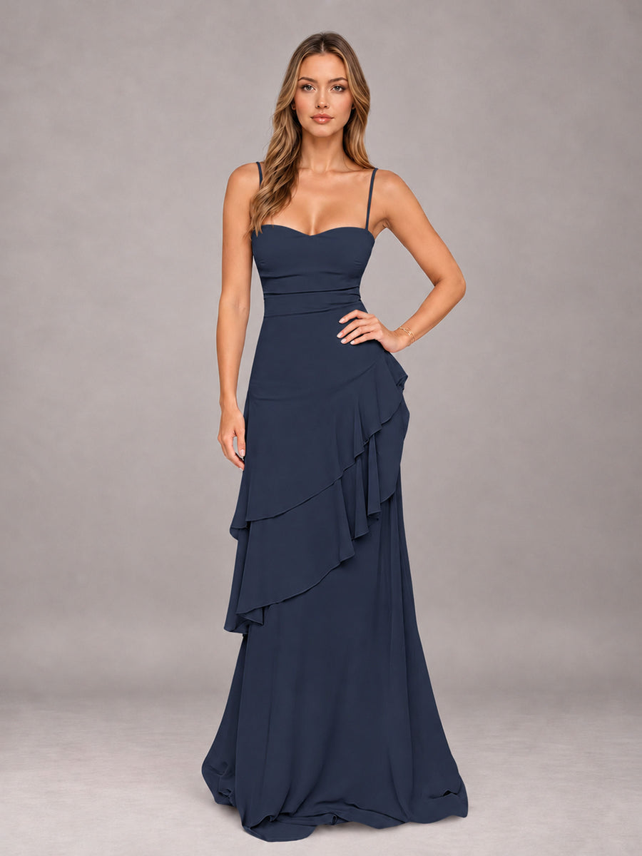 Navy Blue A-Line Spaghetti Strap Chiffon Floor Length Bridesmaid Dress