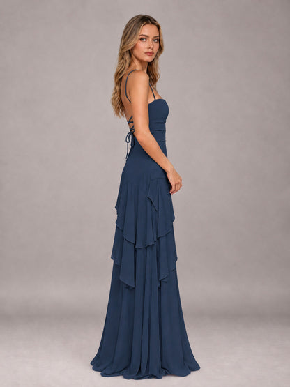 Navy Blue A-Line Spaghetti Strap Chiffon Floor Length Bridesmaid Dress