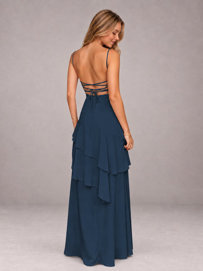 Navy Blue A-Line Spaghetti Strap Chiffon Floor Length Bridesmaid Dress