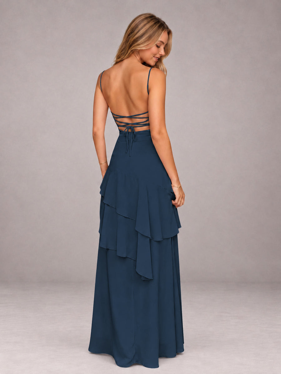 Navy Blue A-Line Spaghetti Strap Chiffon Floor Length Bridesmaid Dress