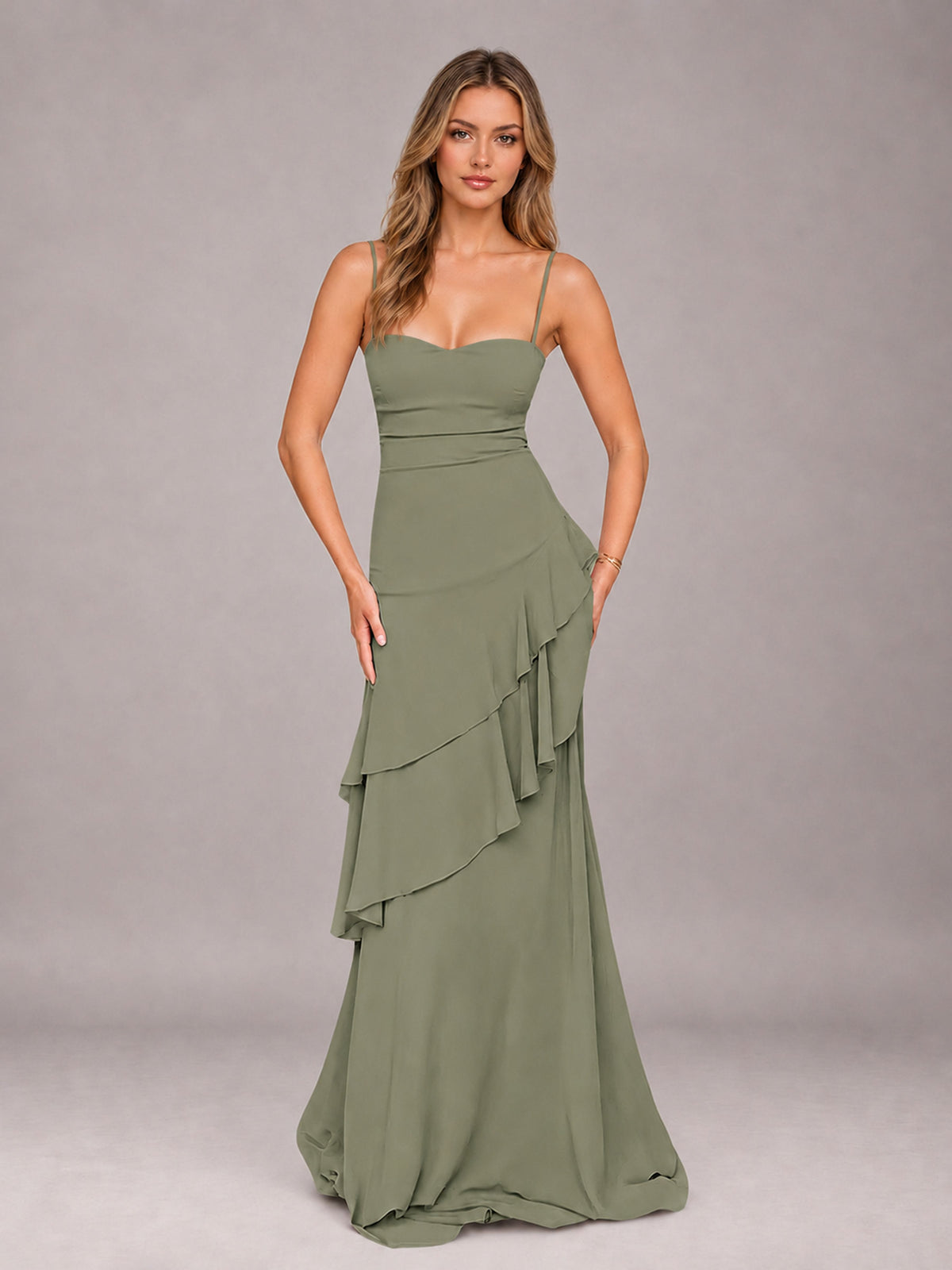 Olive Green A-Line Spaghetti Strap Chiffon Floor Length Bridesmaid Dress