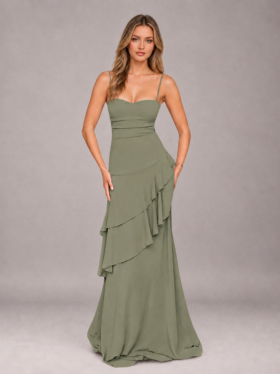 Olive Green A-Line Spaghetti Strap Chiffon Floor Length Bridesmaid Dress