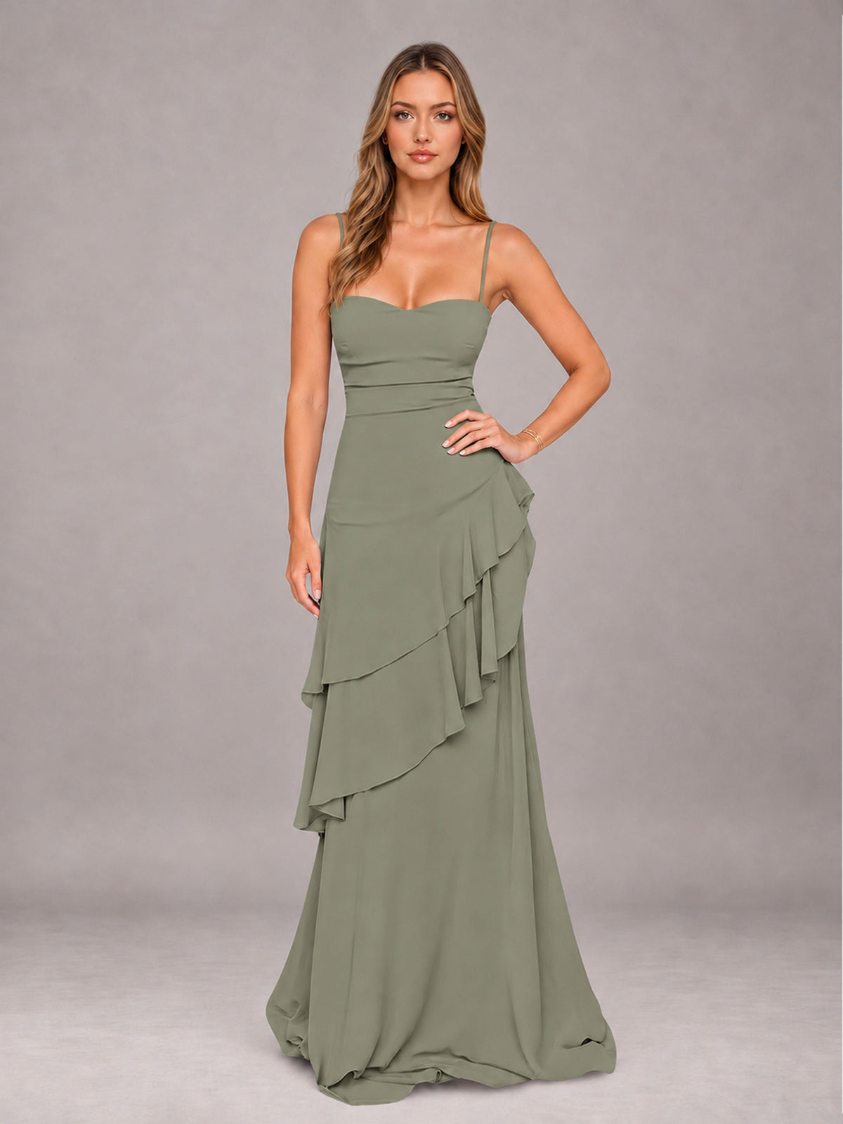 Olive Green A-Line Spaghetti Strap Chiffon Floor Length Bridesmaid Dress