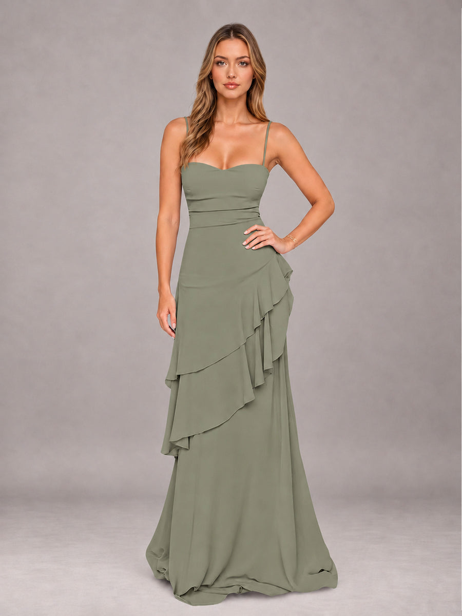 Olive Green A-Line Spaghetti Strap Chiffon Floor Length Bridesmaid Dress