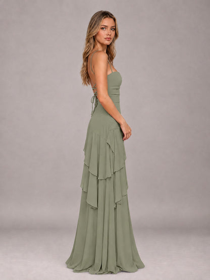 Olive Green A-Line Spaghetti Strap Chiffon Floor Length Bridesmaid Dress